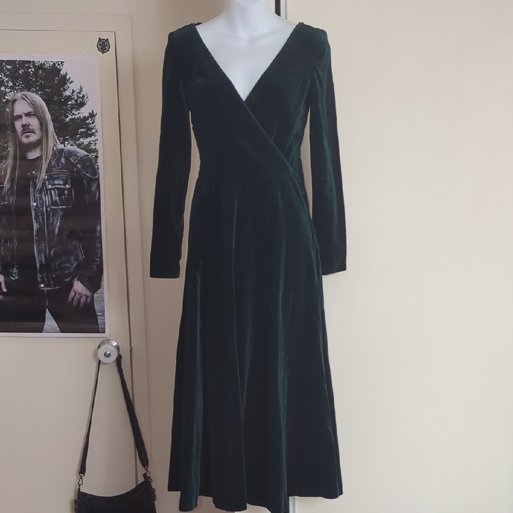 Vintage Green Velvet Laura Ashley Midi Wrap Dress